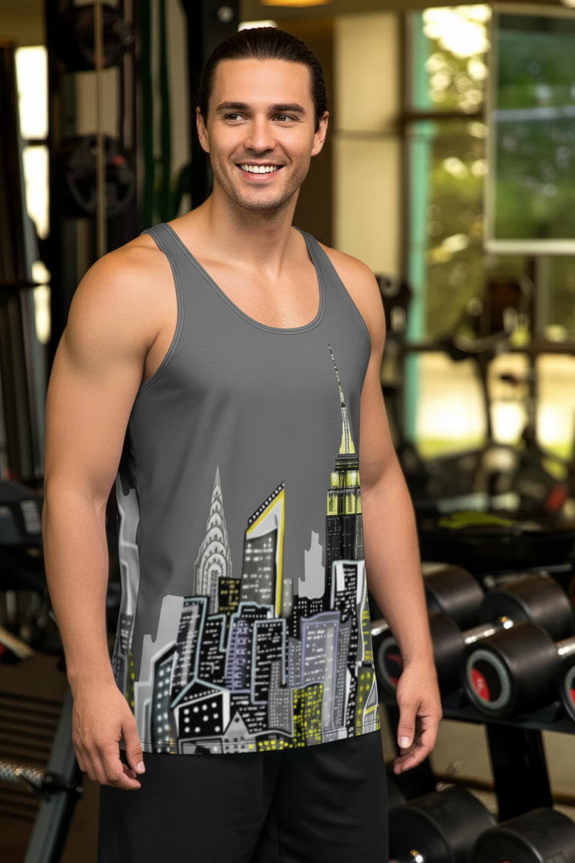 Man wearing a tank top with a Loria NYC Art cityscape design in a gym setting