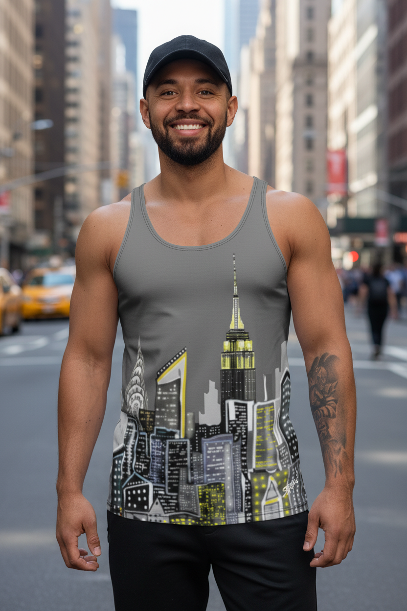 Man wearing a tank top with a Loria NYC Art cityscape design on a urban background