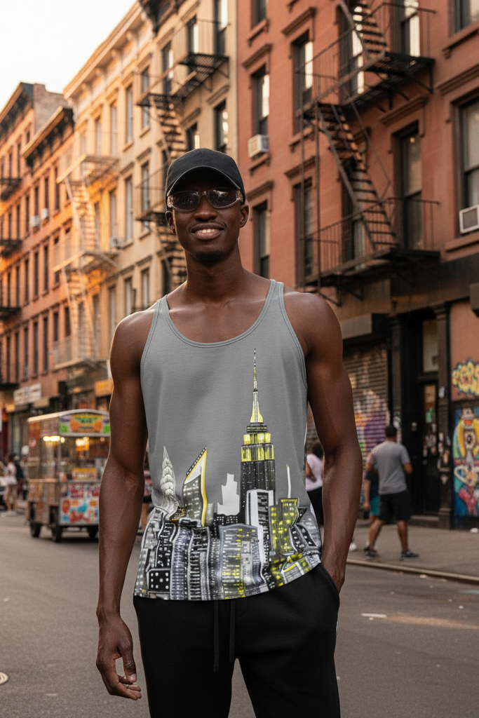 Man wearing a tank top with a cityscape Loria NYC Art design, holding a blue water bottle.