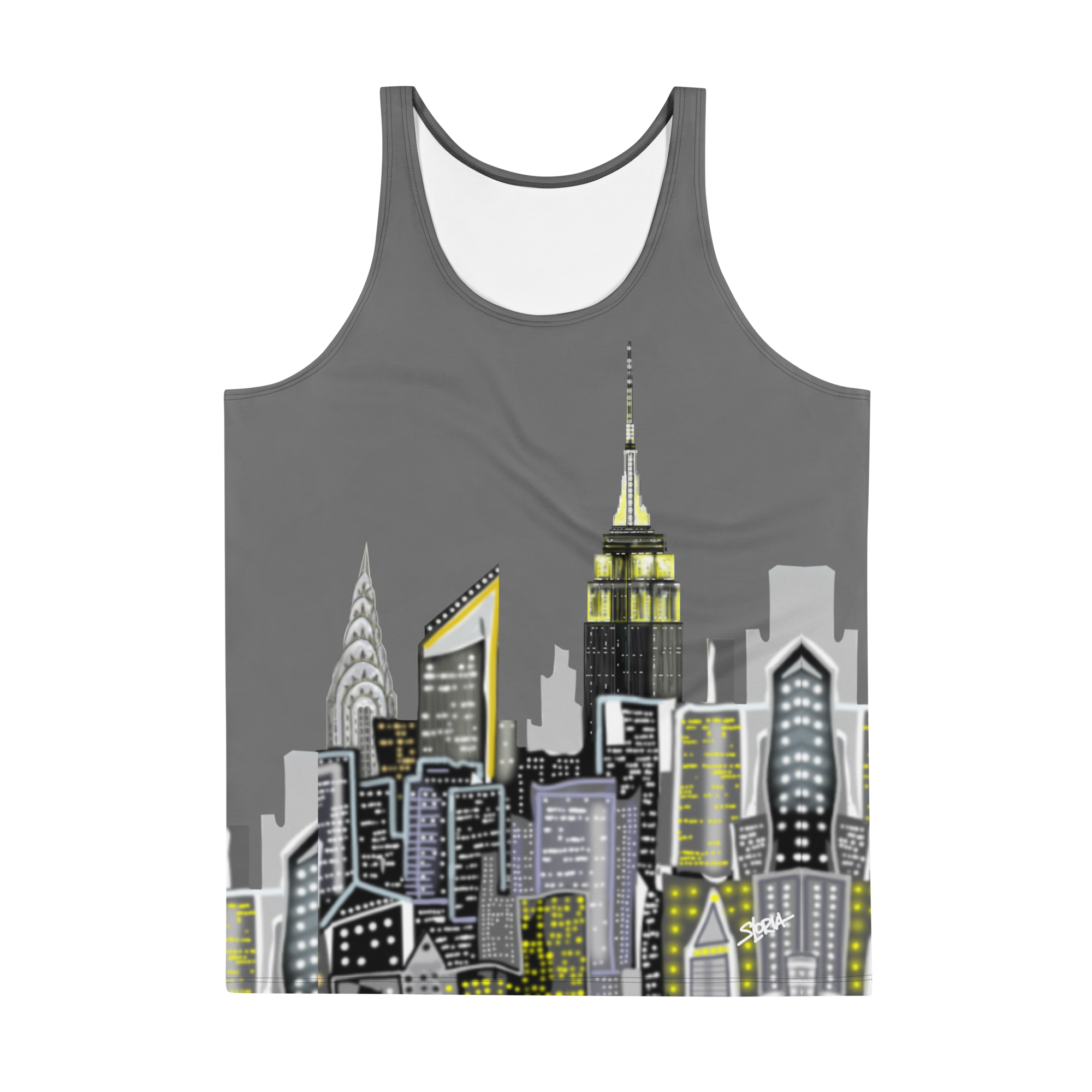 People wearing Tank top with a city skyline Loria NYC Art design on a urban background