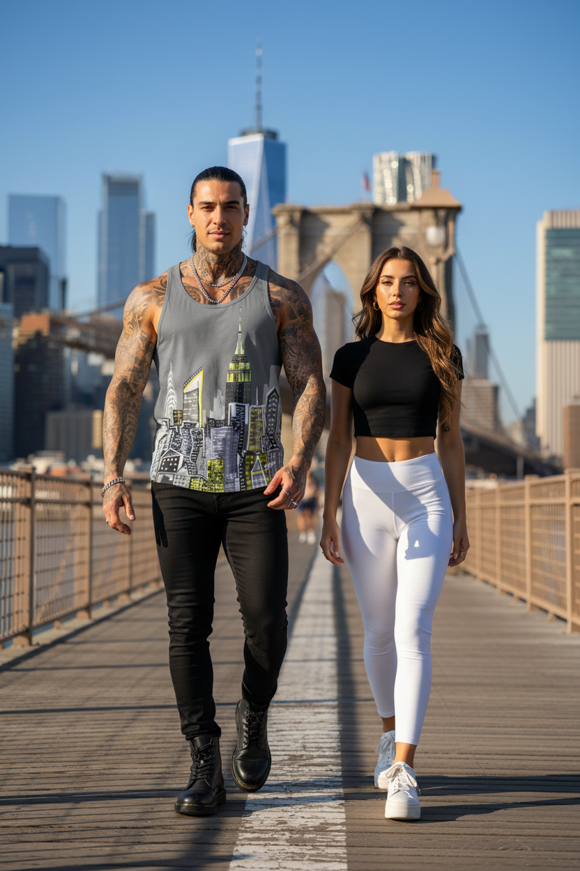 Man wearing a Loria NYC Art tank, walking with friend on a bridge with city skyline in the background