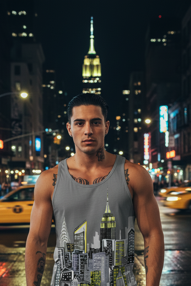 Man wearing a tank top with a Loria NYC Art cityscape design on a city street at night.