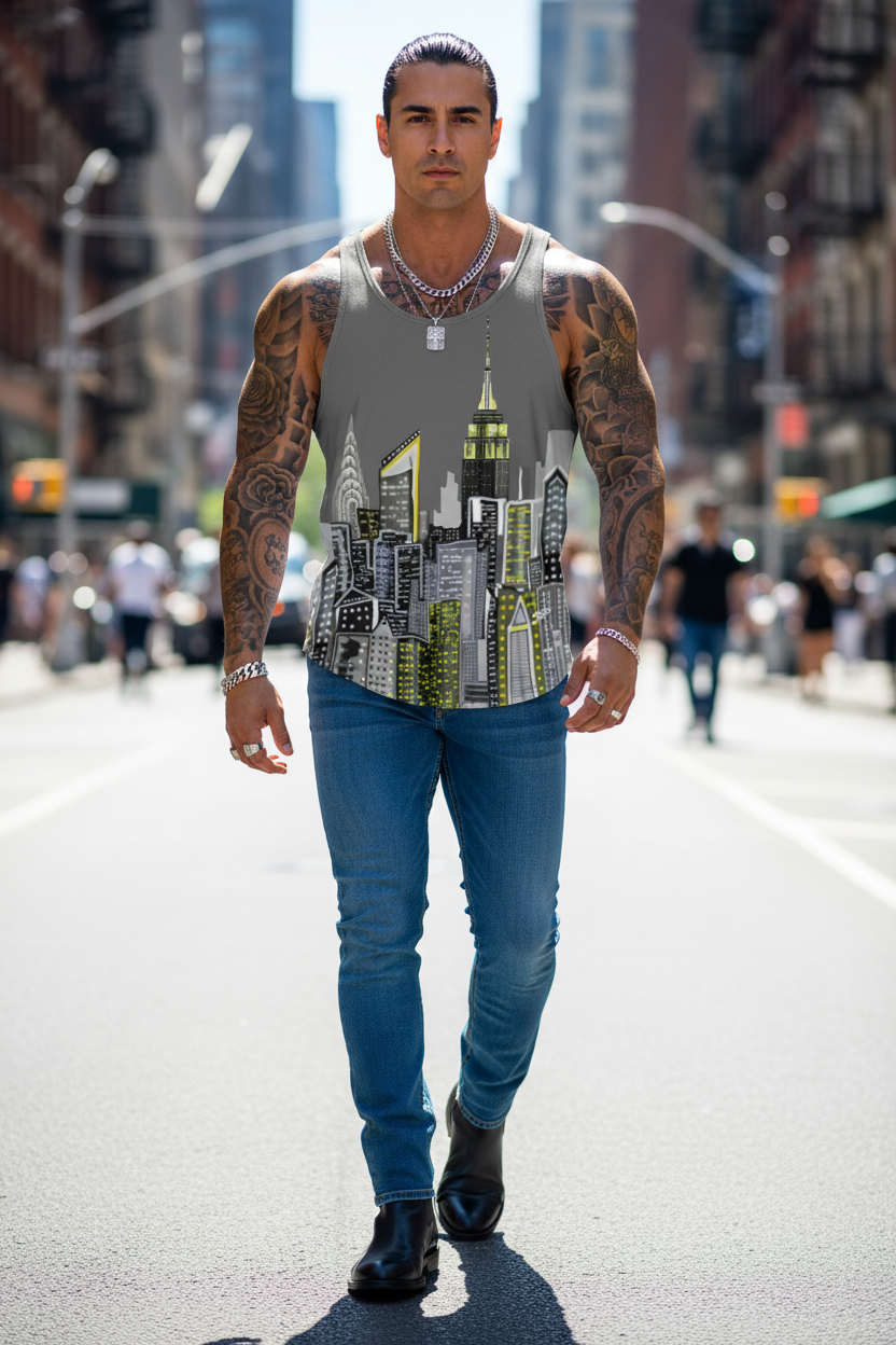 Man walking on a city street wearing a tank top with a cityscape Loria NYC Art design and blue jeans.