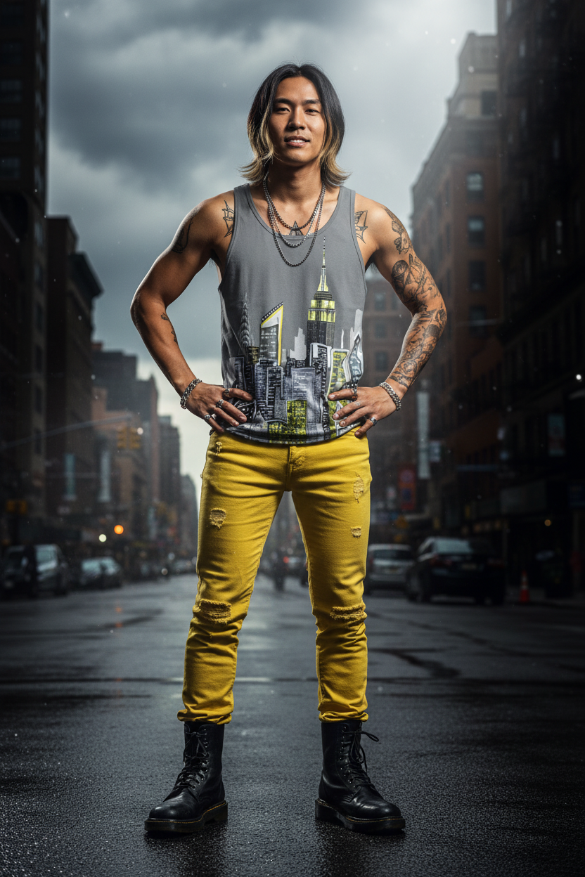 Person wearing a tank top with a cityscape Loria NYC Art design and yellow pants on a city street.
