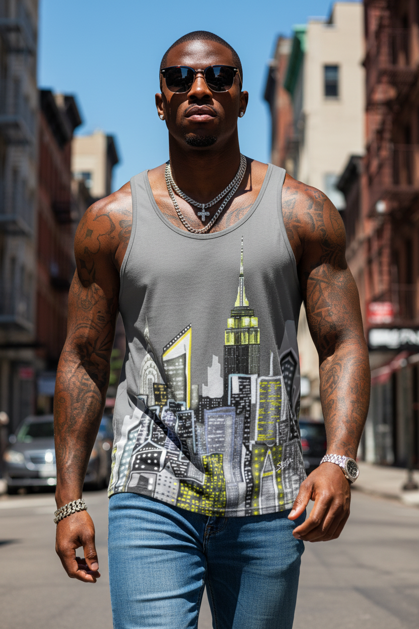 Man wearing a tank top with a cityscape Loria NYC Art design on a city street