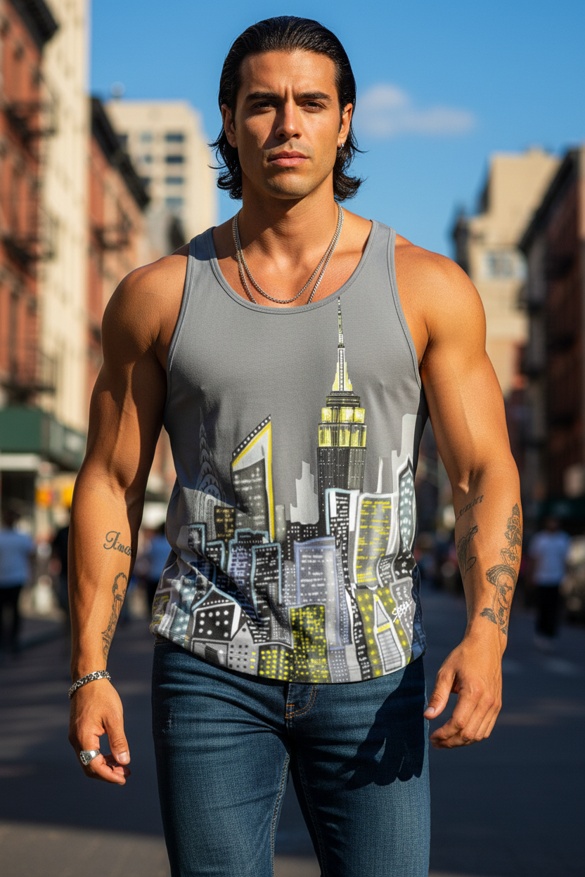 Man wearing a tank top with a cityscape Loria NYC Art design on a city street