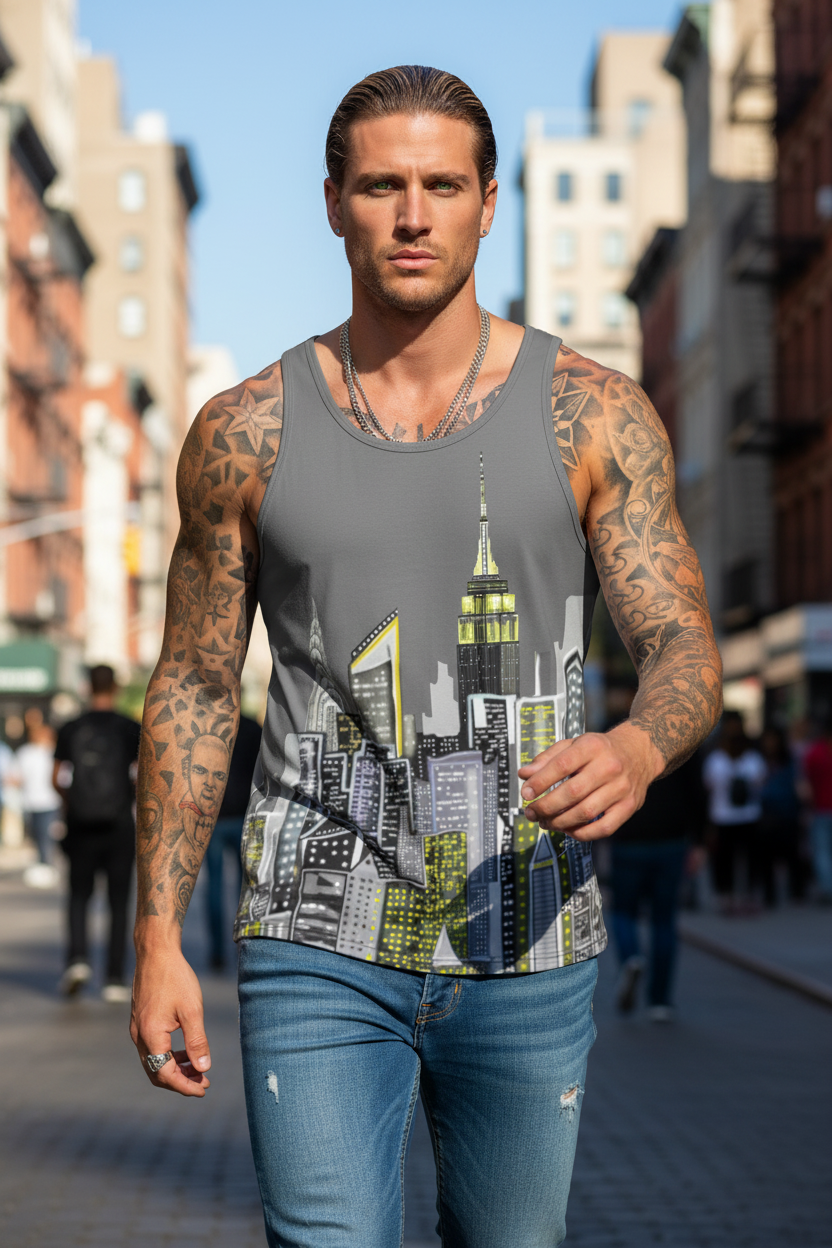 Man wearing a tank top with a cityscape Loria NYC Art design on a city street