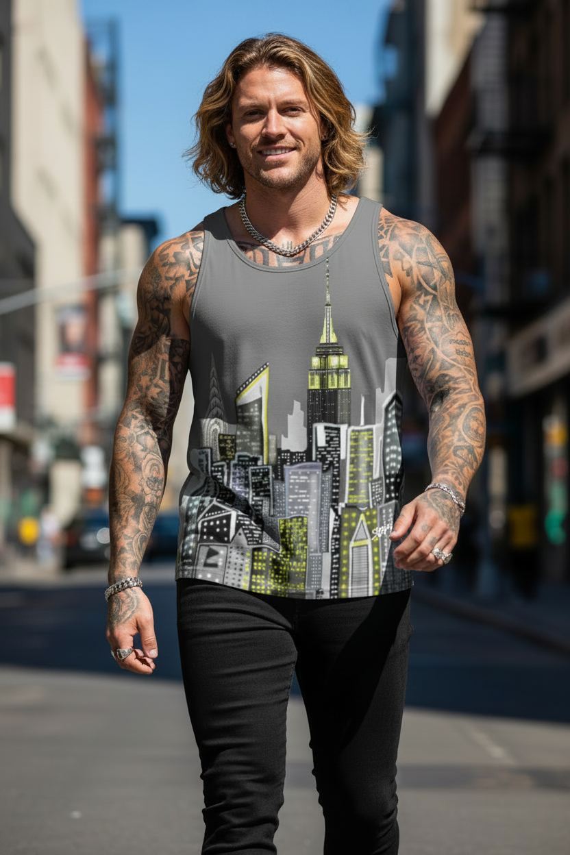 Man wearing a tank top with a cityscape Loria NYC Art design on a city street
