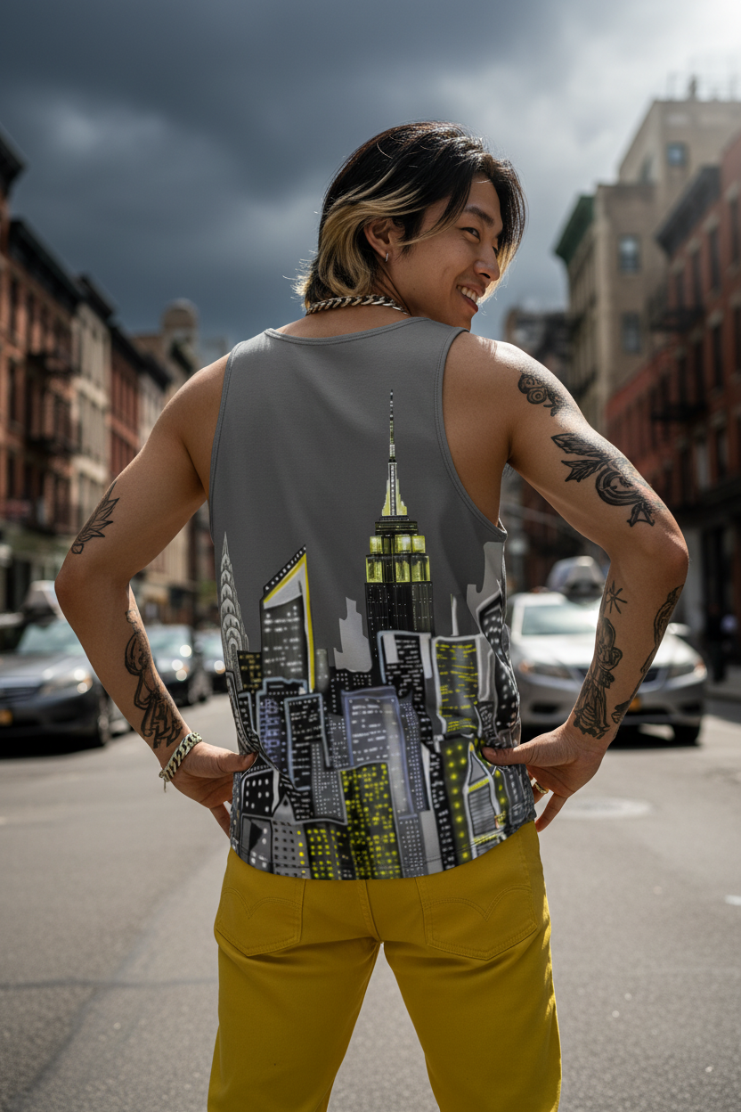 Person wearing a tank top with a cityscape Loria NYC Art design on a street.