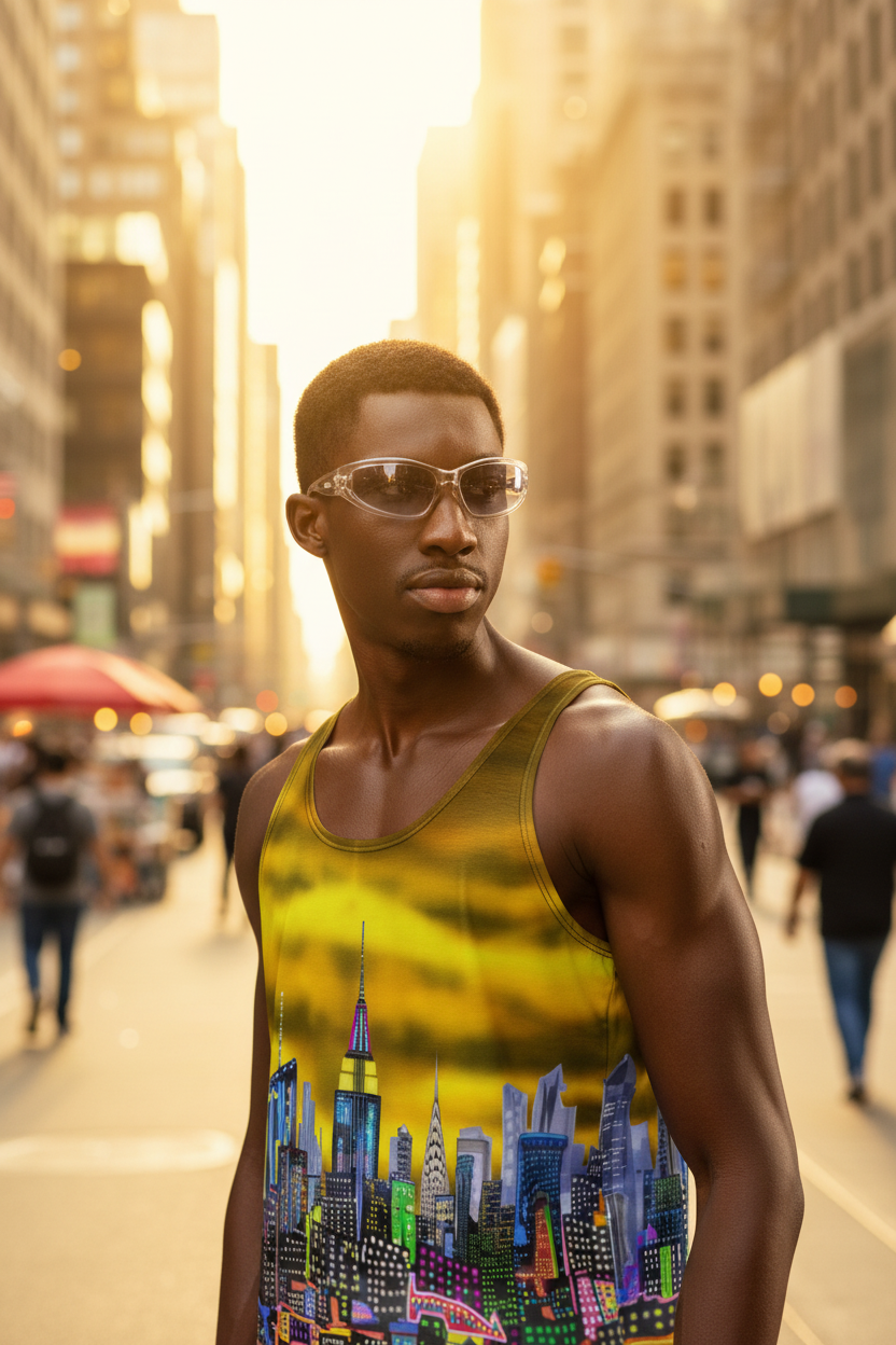 Man wearing a Loria NYC Art tank top with a colorful cityscape design on a urban background