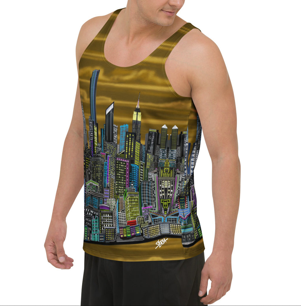Man wearing a Tank top with a Loria NYC skyline cityscape design on a white background