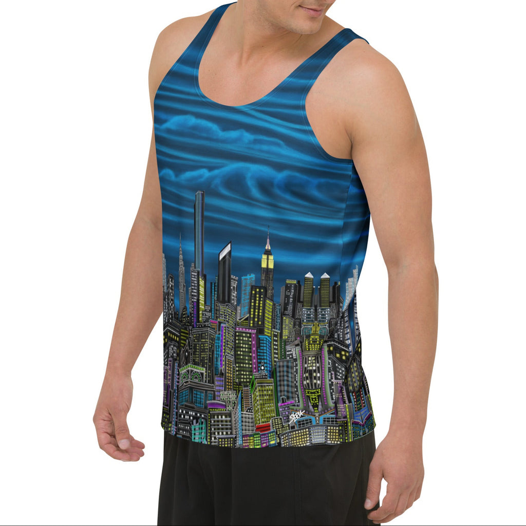 Man wearing a tank top with a Loria NYC Art cityscape design on a white background