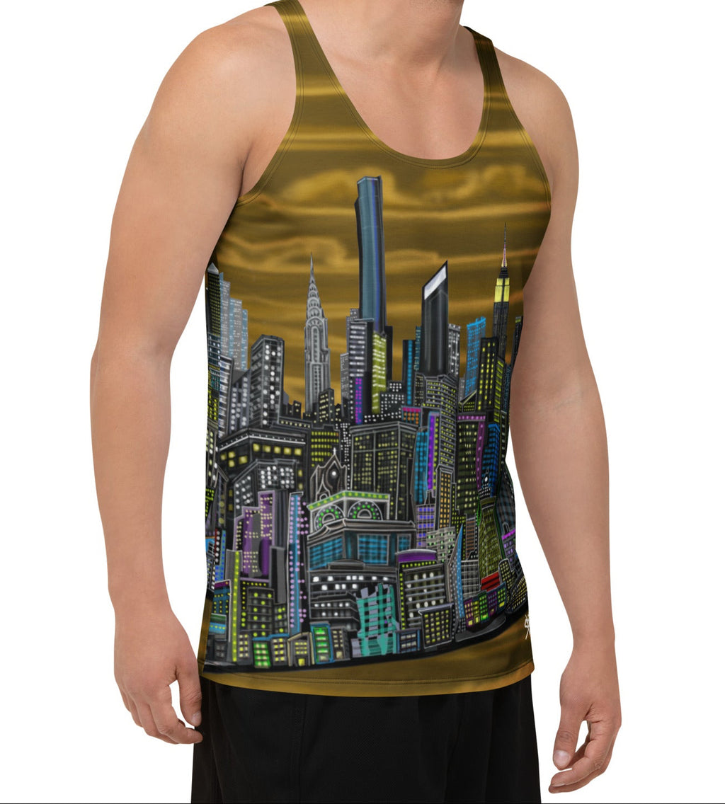 Man wearing a Tank top with a Loria NYC skyline cityscape design on a white background