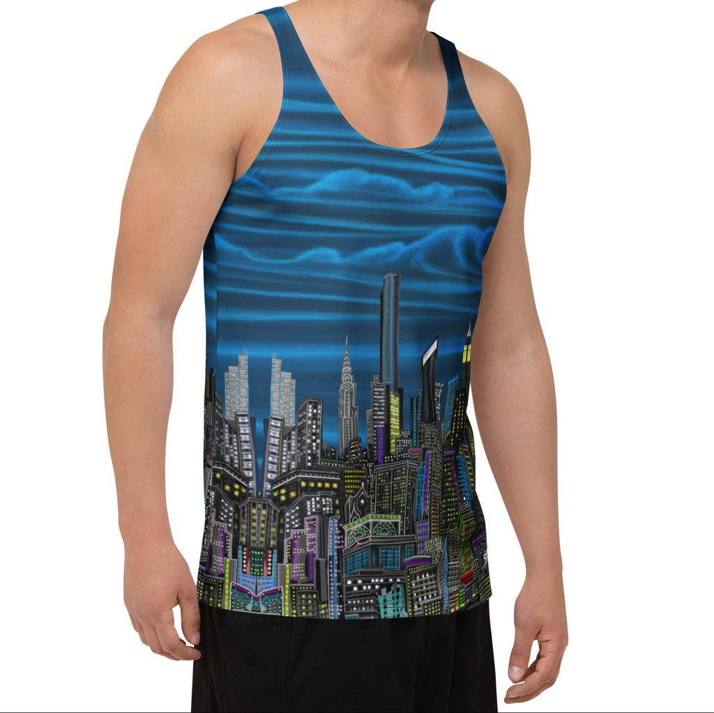 Man wearing a tank top with a Loria NYC Art cityscape design on a white background