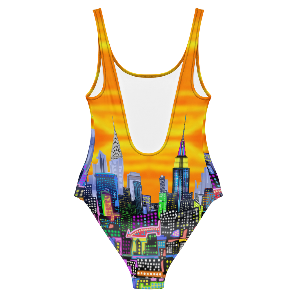 One-piece swimsuit with Loria NYC Art cityscape design on a white background