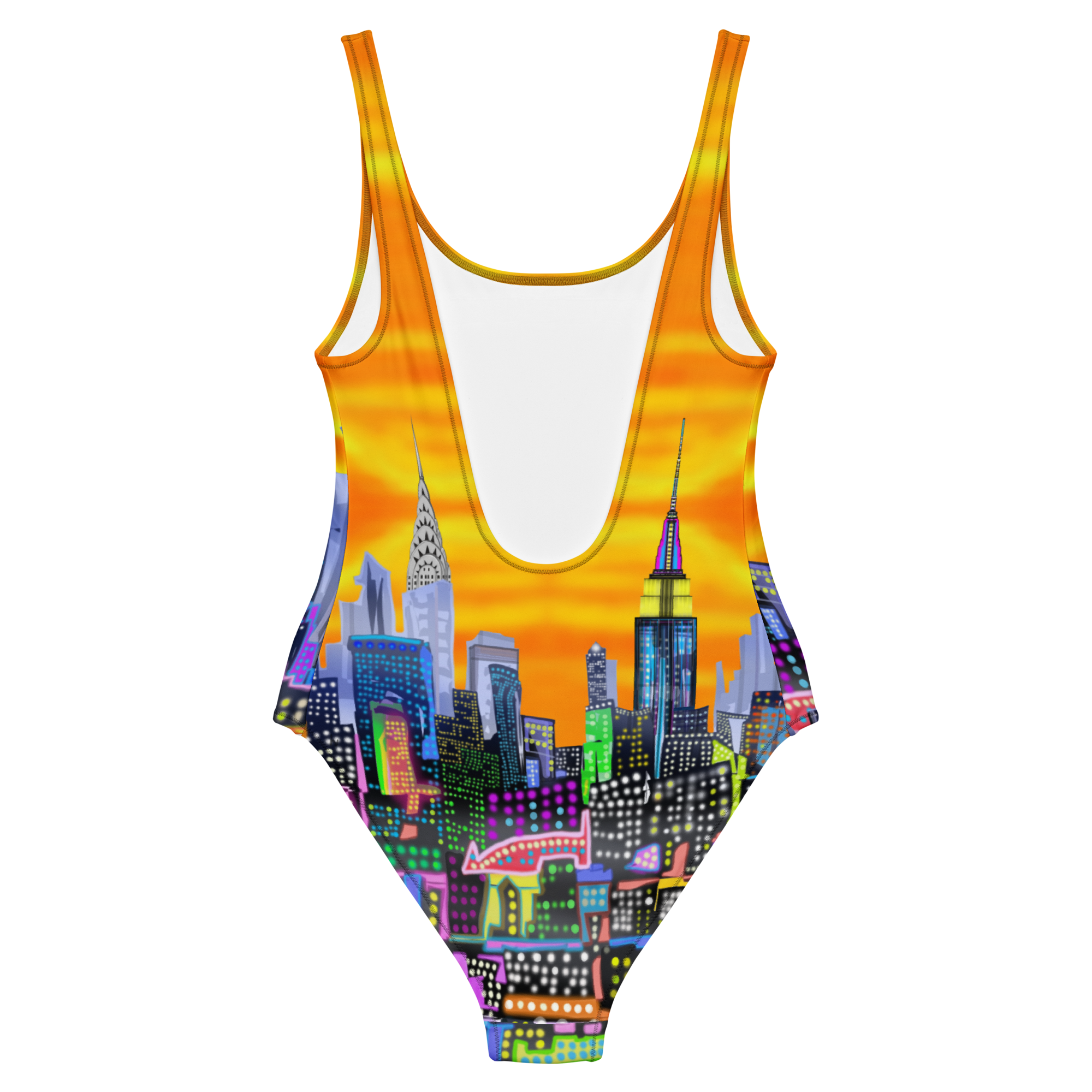 One-piece swimsuit with Loria NYC Art cityscape design on a white background