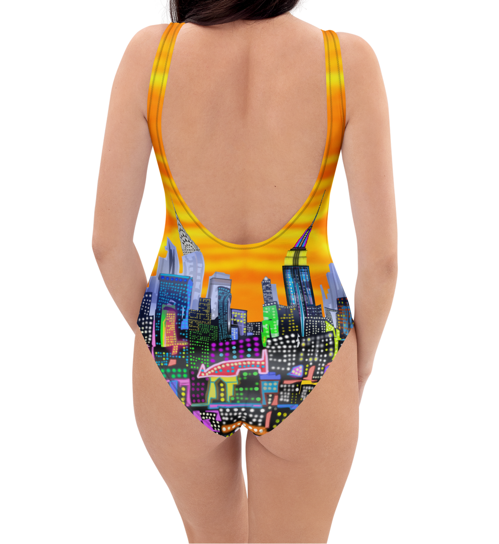 One-piece swimsuit with cityscape Loria NYC Art design on a white background