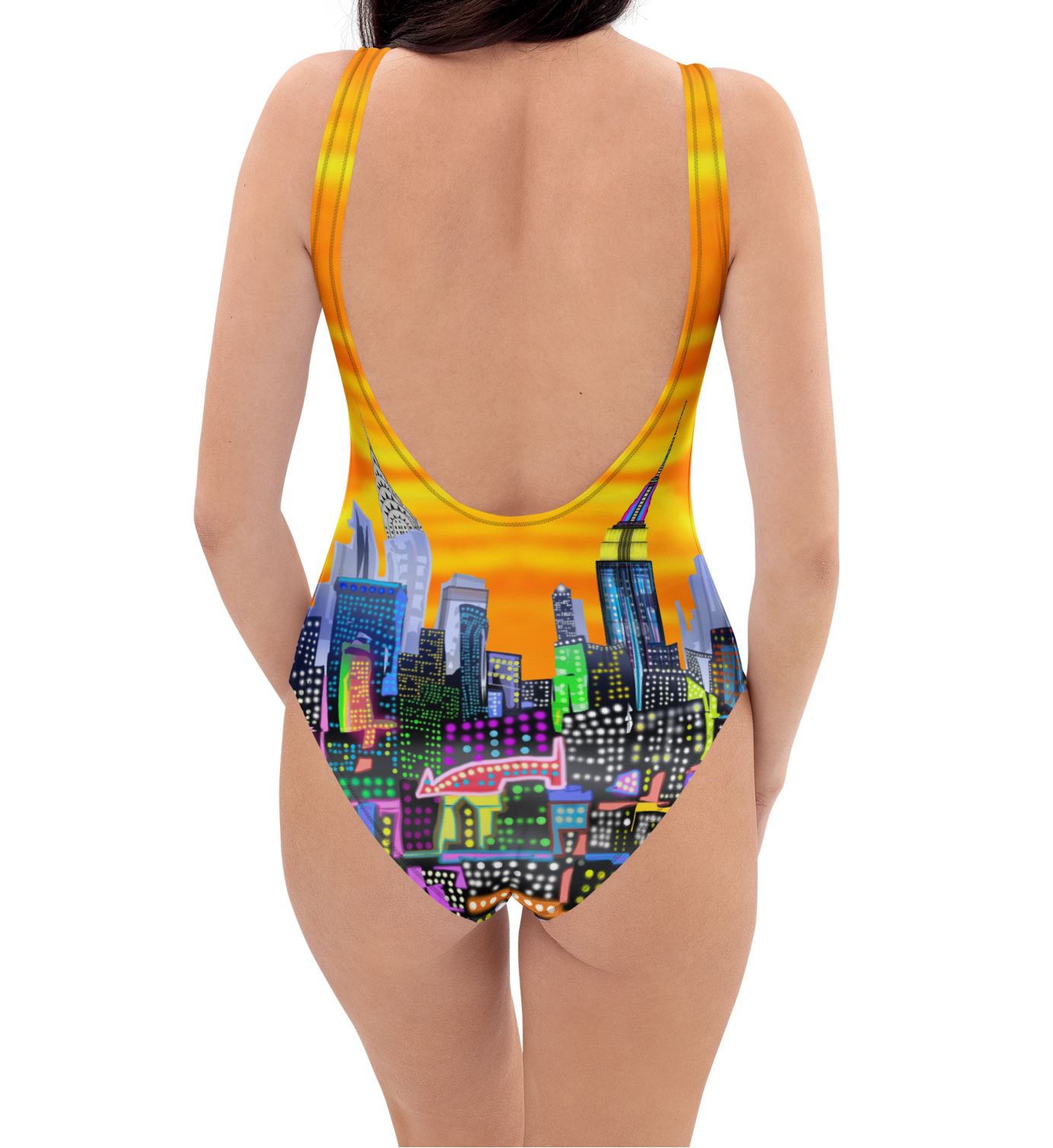 One-piece swimsuit with cityscape Loria NYC Art design on a white background