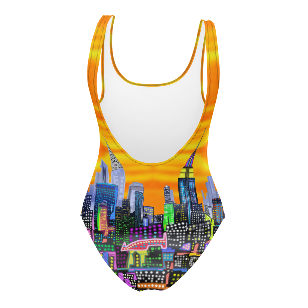 One-piece swimsuit with Loria NYC Art cityscape design on a white background