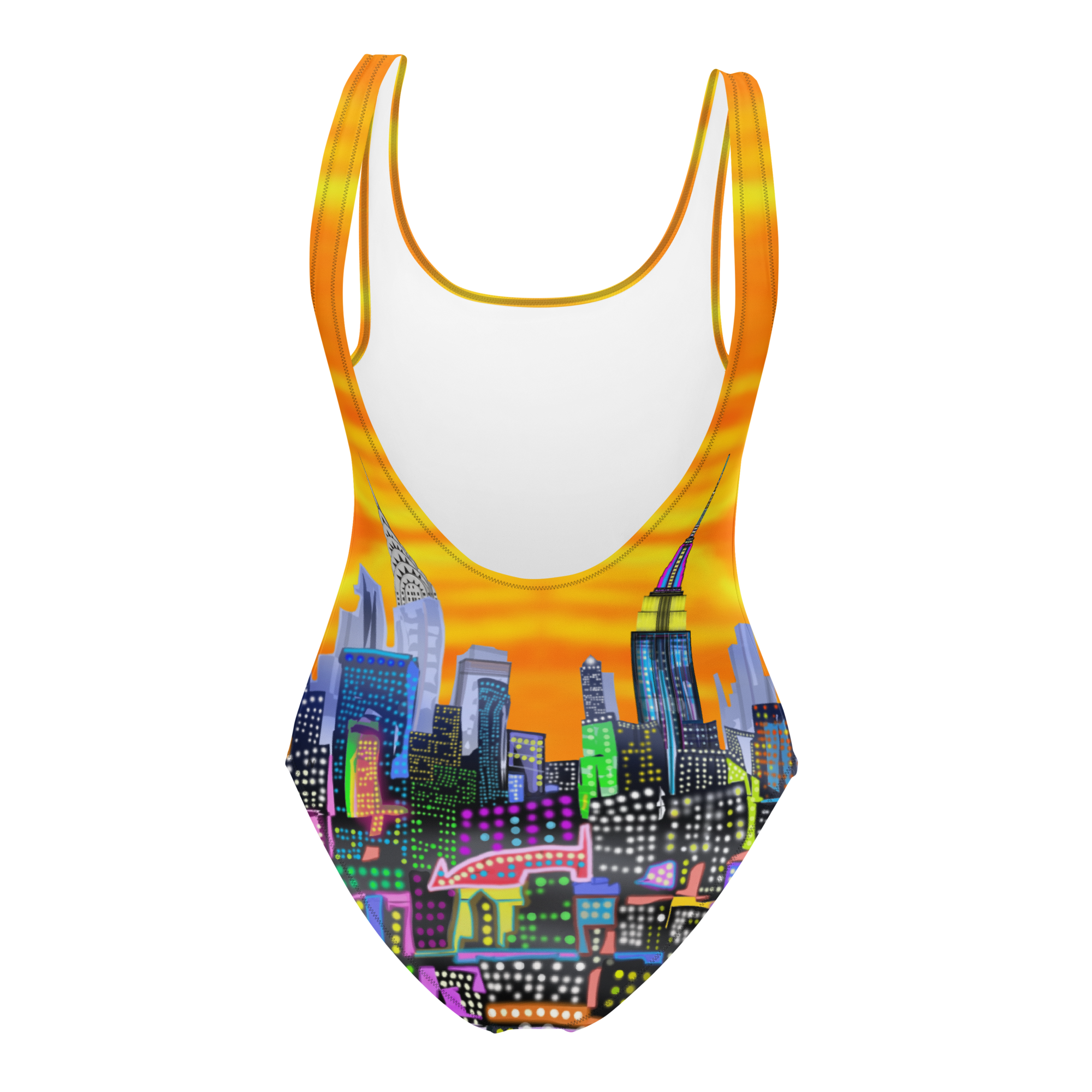One-piece swimsuit with Loria NYC Art cityscape design on a white background
