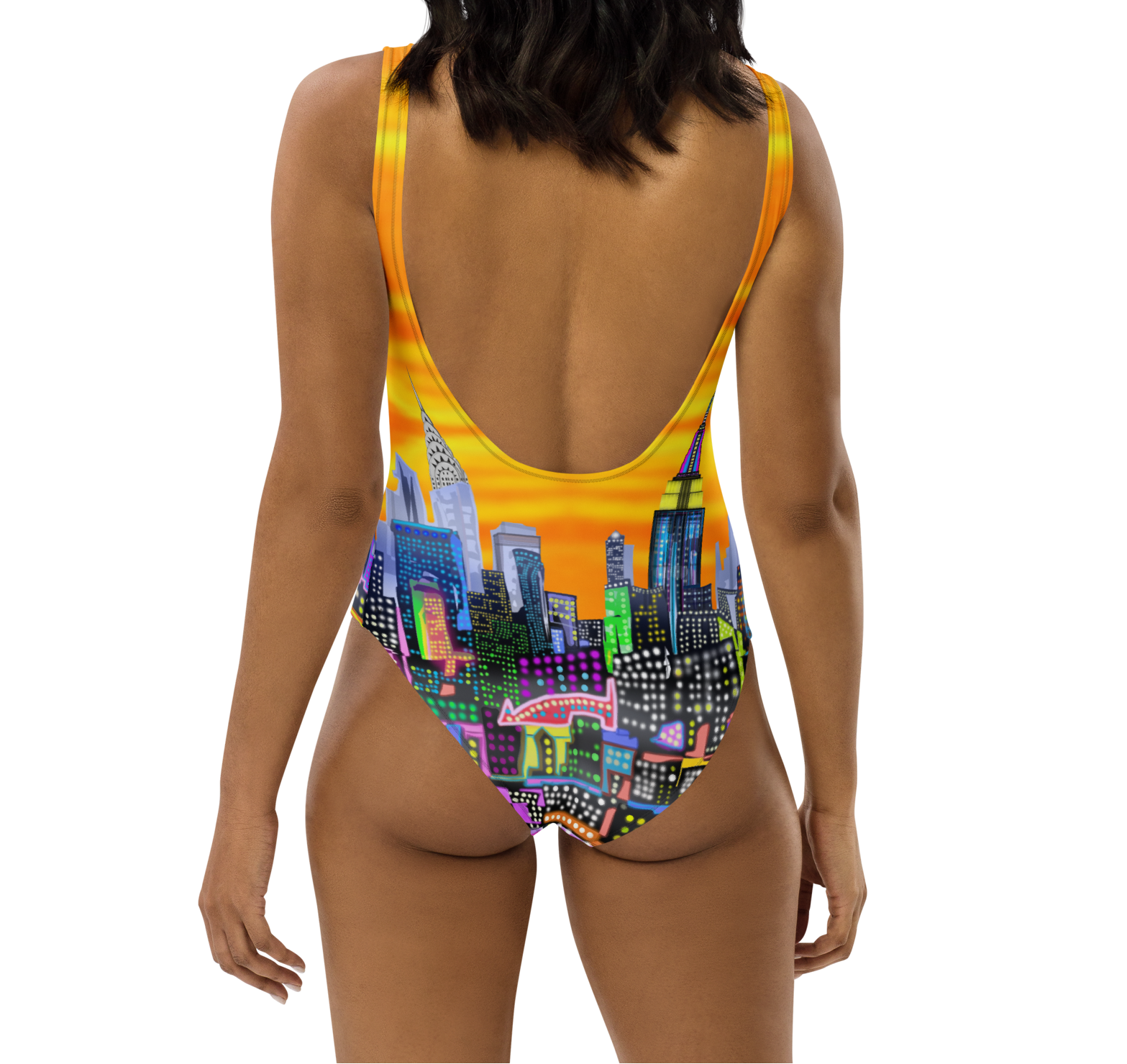 Back of a Woman wearing a colorful Loria NYC Art cityscape swimsuit on a white background