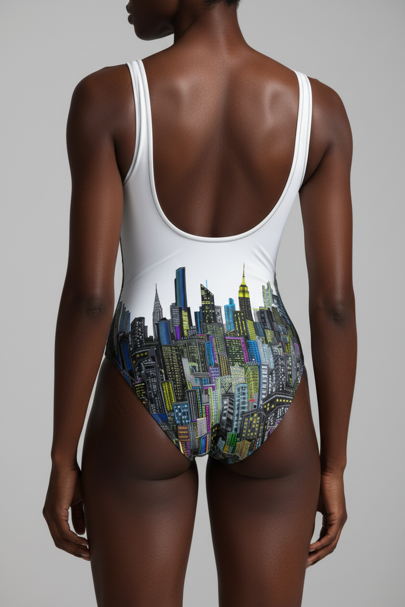 Person wearing a swimsuit with a cityscape Loria NYC Art design on a plain background