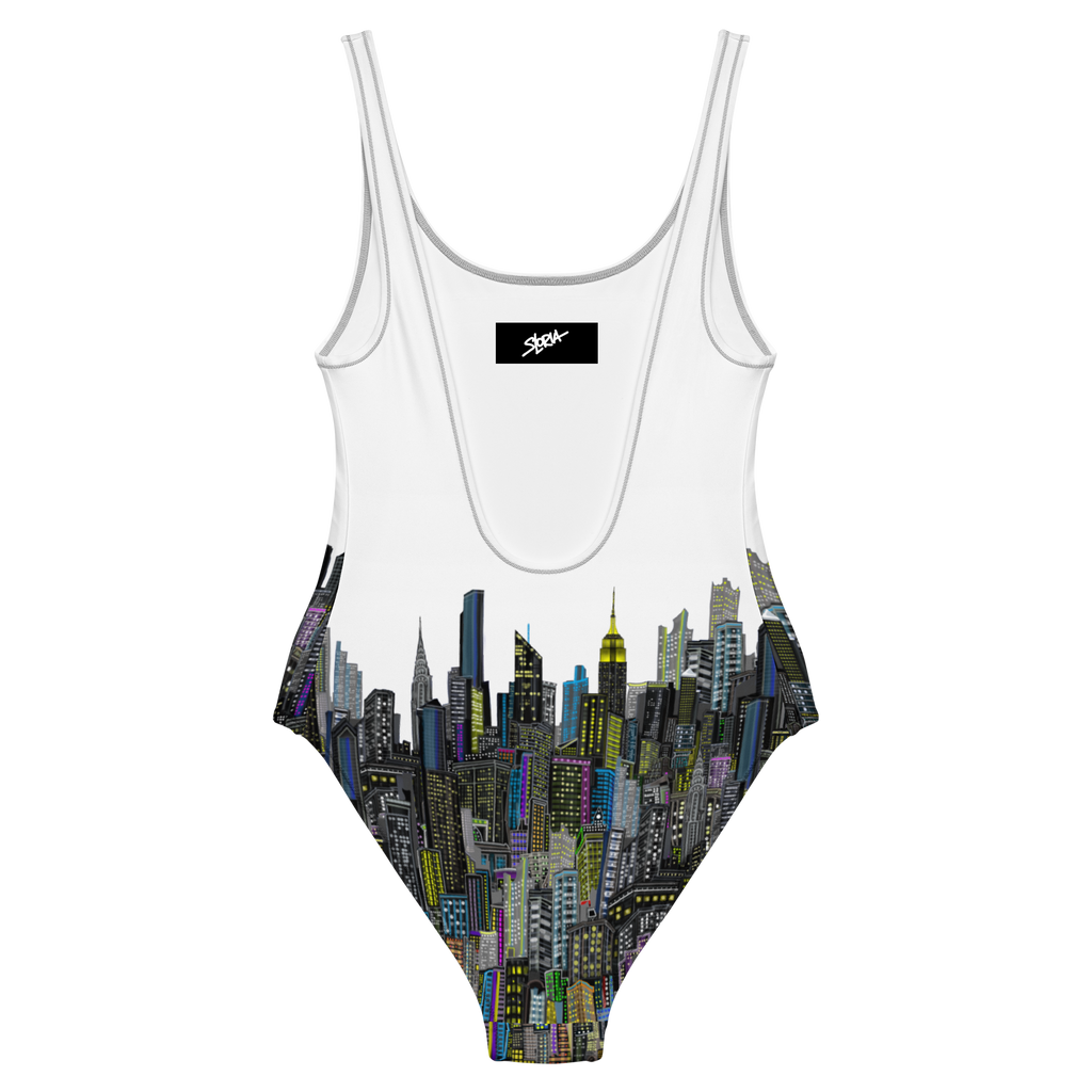 One-piece swimsuit with cityscape  Loria NYC Art design on a white background