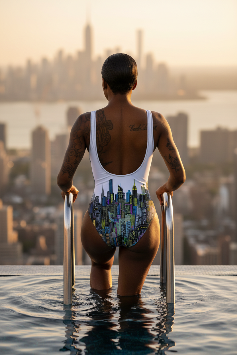Person in a Loria NYC Art swimsuit standing on a pool edge with a cityscape in the background