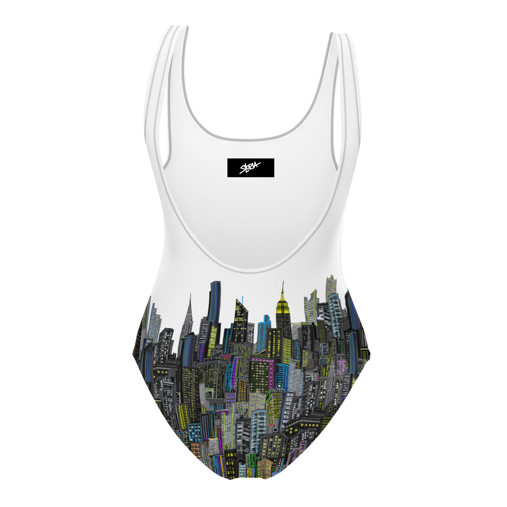 White swimsuit with cityscape Loria NYC Art design on a white background