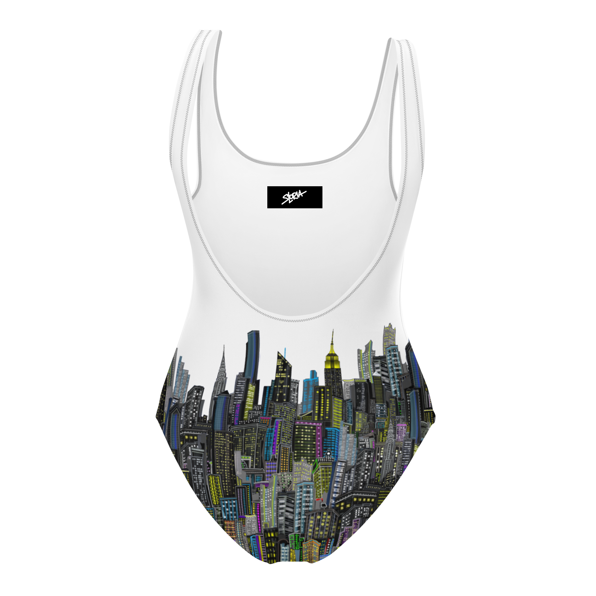 White swimsuit with cityscape Loria NYC Art design on a white background