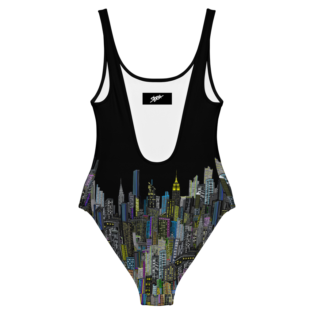 Rear view of a Black swimsuit with cityscape design on a white background