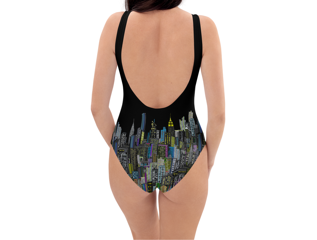Rear pose of a Black one-piece swimsuit with cityscape Loria NYC Art design on a white background