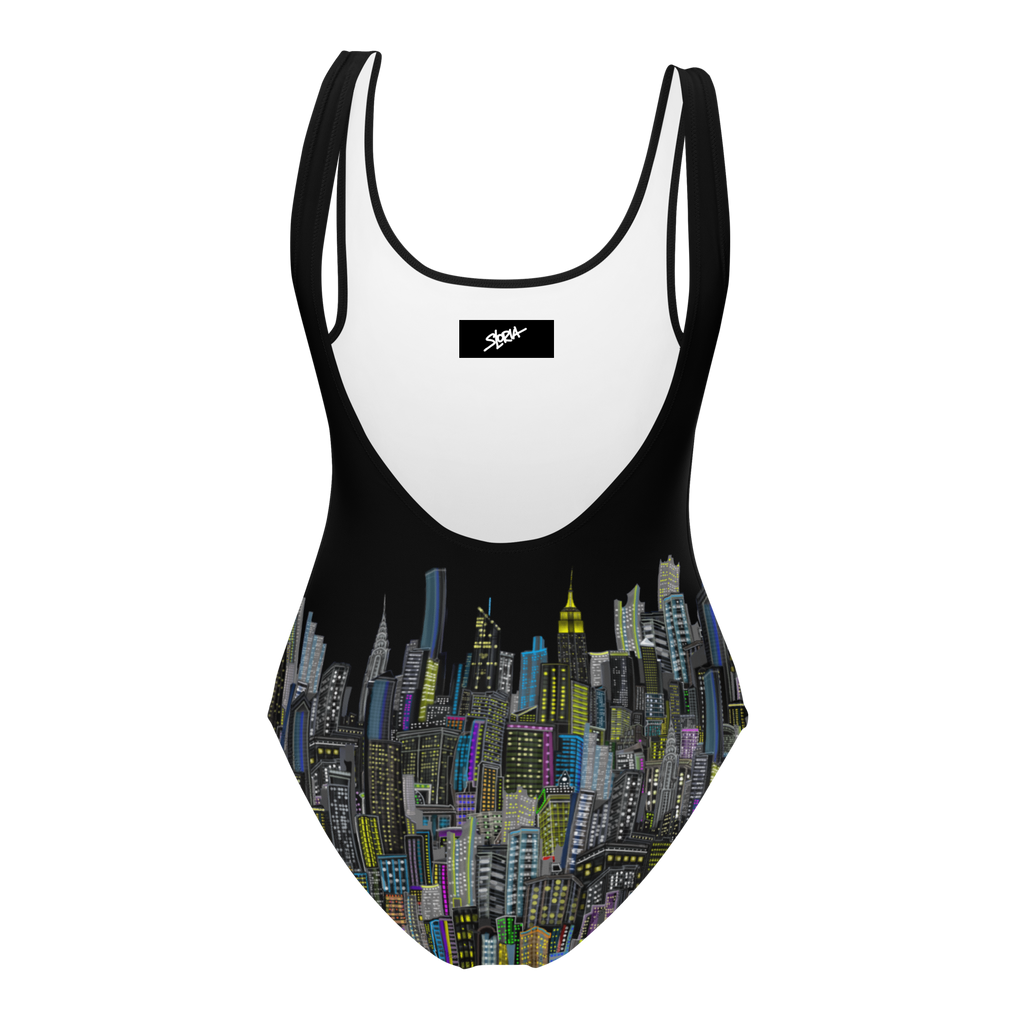 Back of a black Swimsuit with cityscape design on a white background