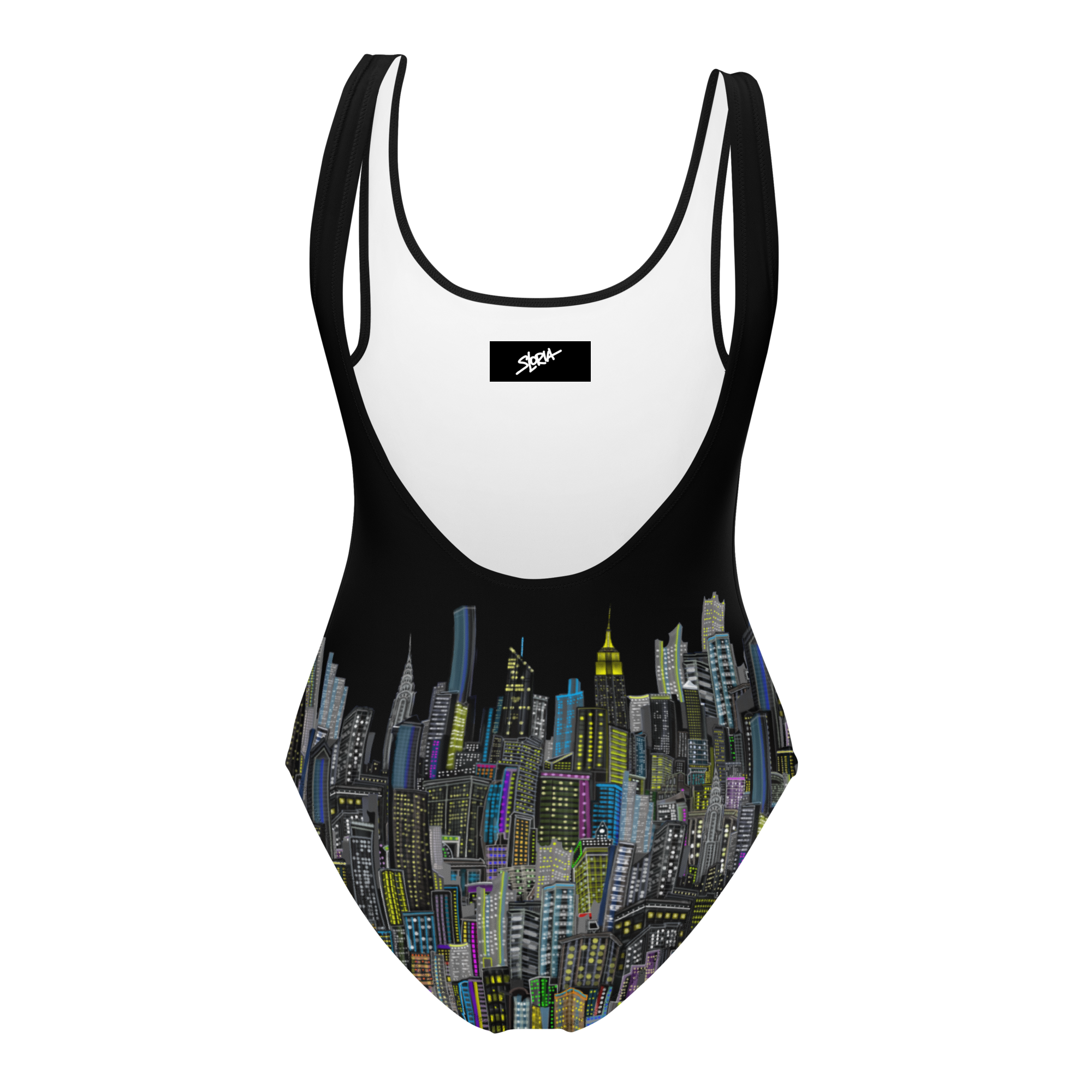 Back of a black Swimsuit with cityscape design on a white background