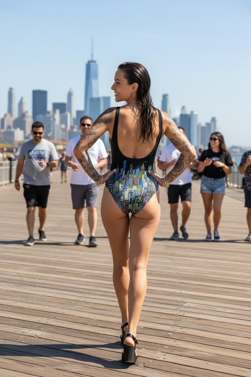 Woman in a colorful Loria NYC Art swimsuit walking on a boardwalk with a city skyline in the background