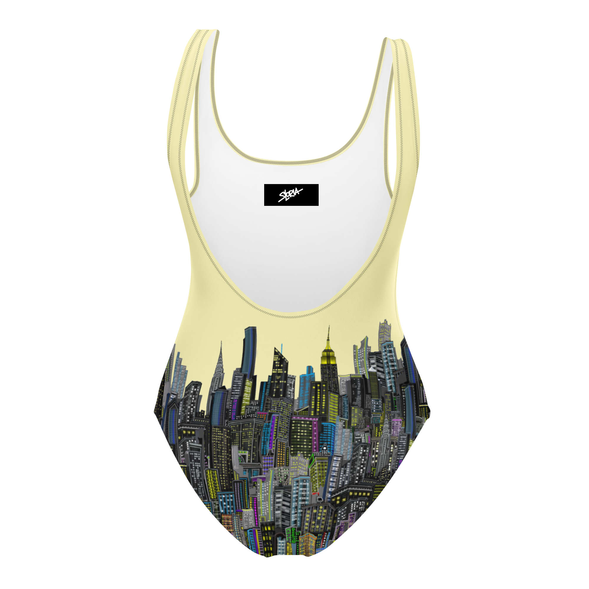Back of a Swimsuit with cityscape Loria NYC Art design and yellow straps on a white background