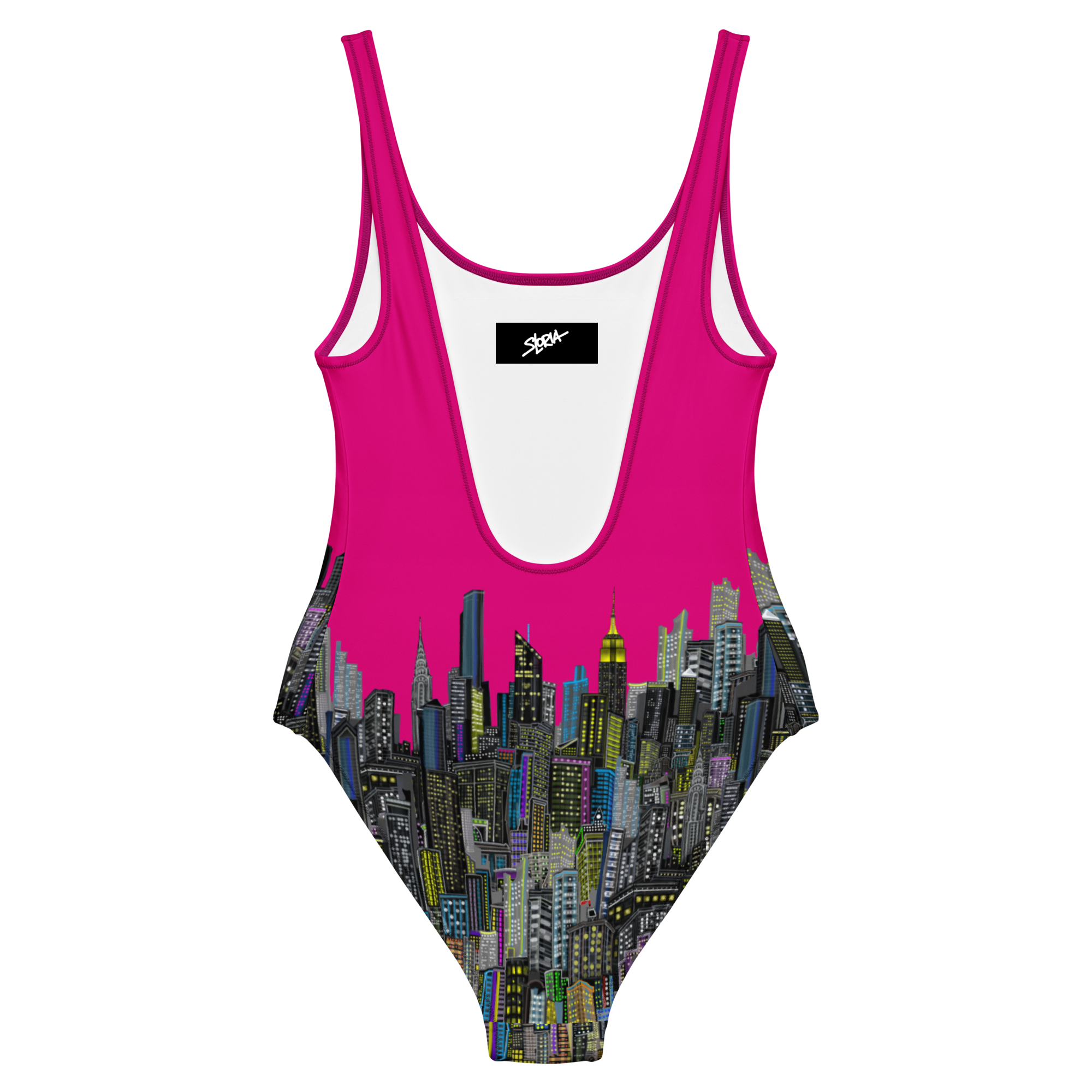 Rear view of a fuchsia swimsuit with cityscape Loria NYC Artdesign on a white background