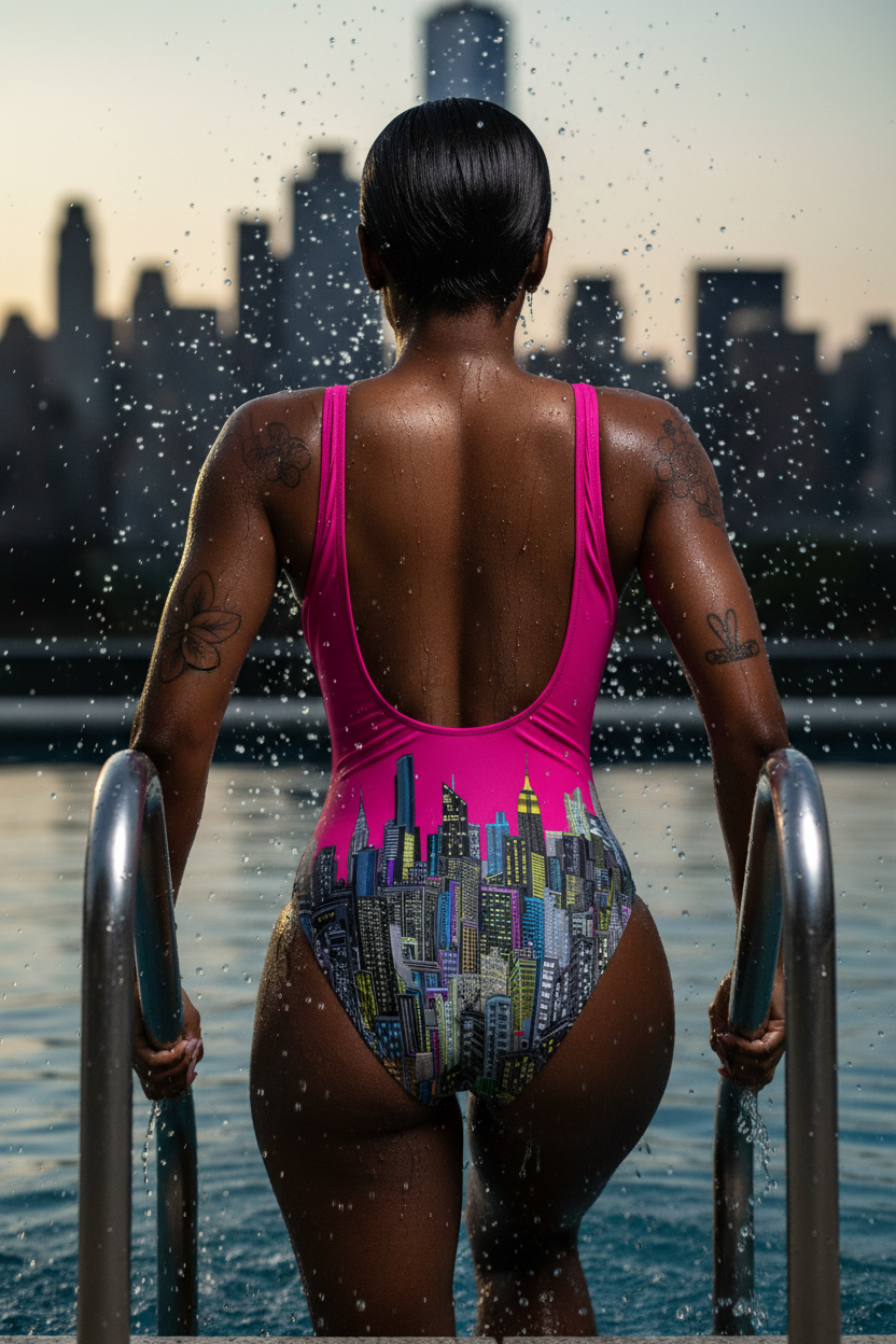 Person in a pink swimsuit with cityscape Loria NYC Art design standing by a pool with a city skyline in the background.