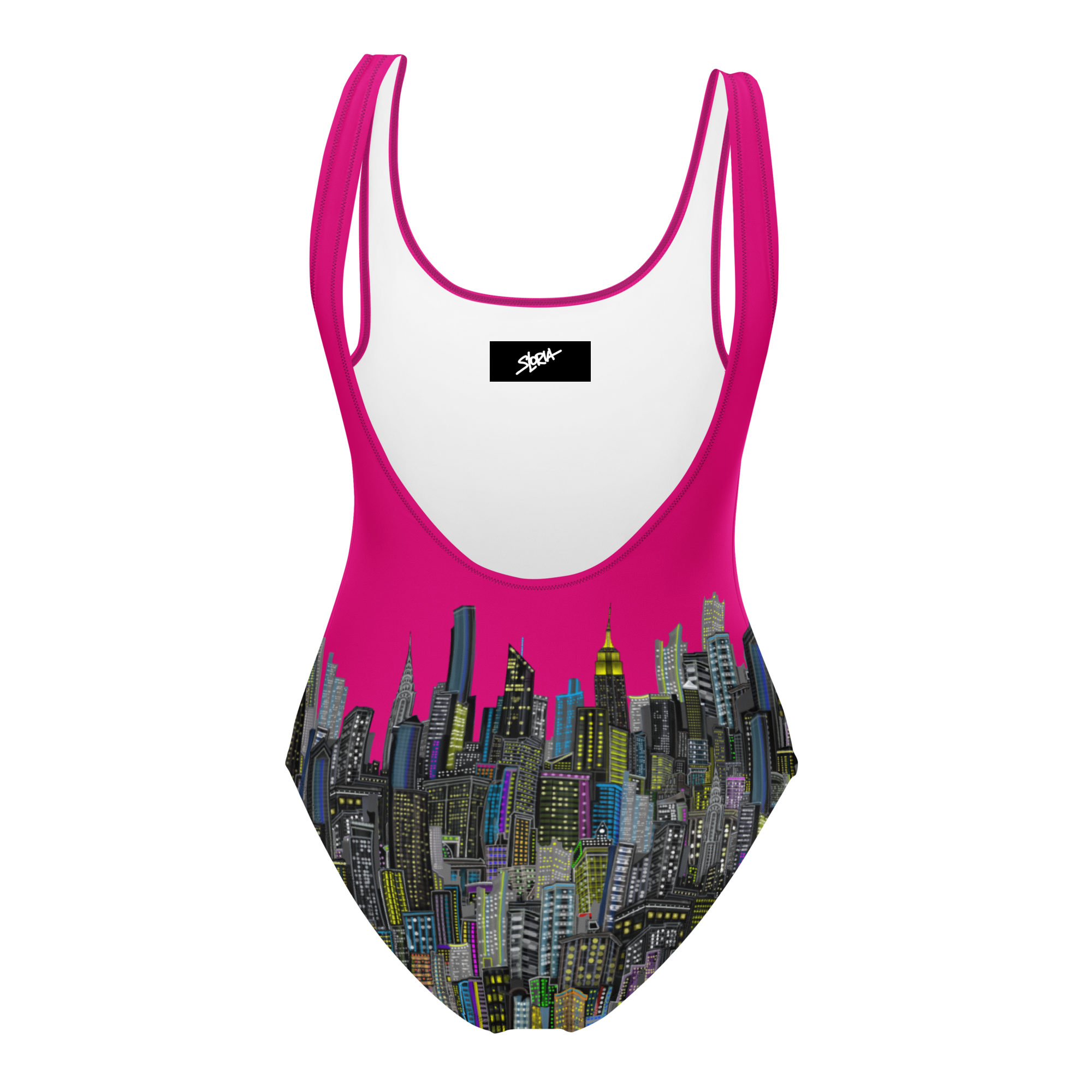 Back of a Loria NYC Art swimsuit with cityscape design on a white background