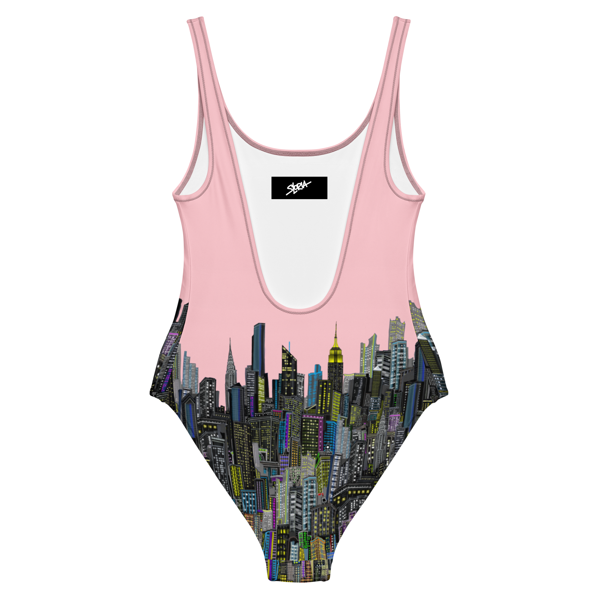 Back of a One-piece swimsuit with cityscape Loria NYC Art design on a pink background