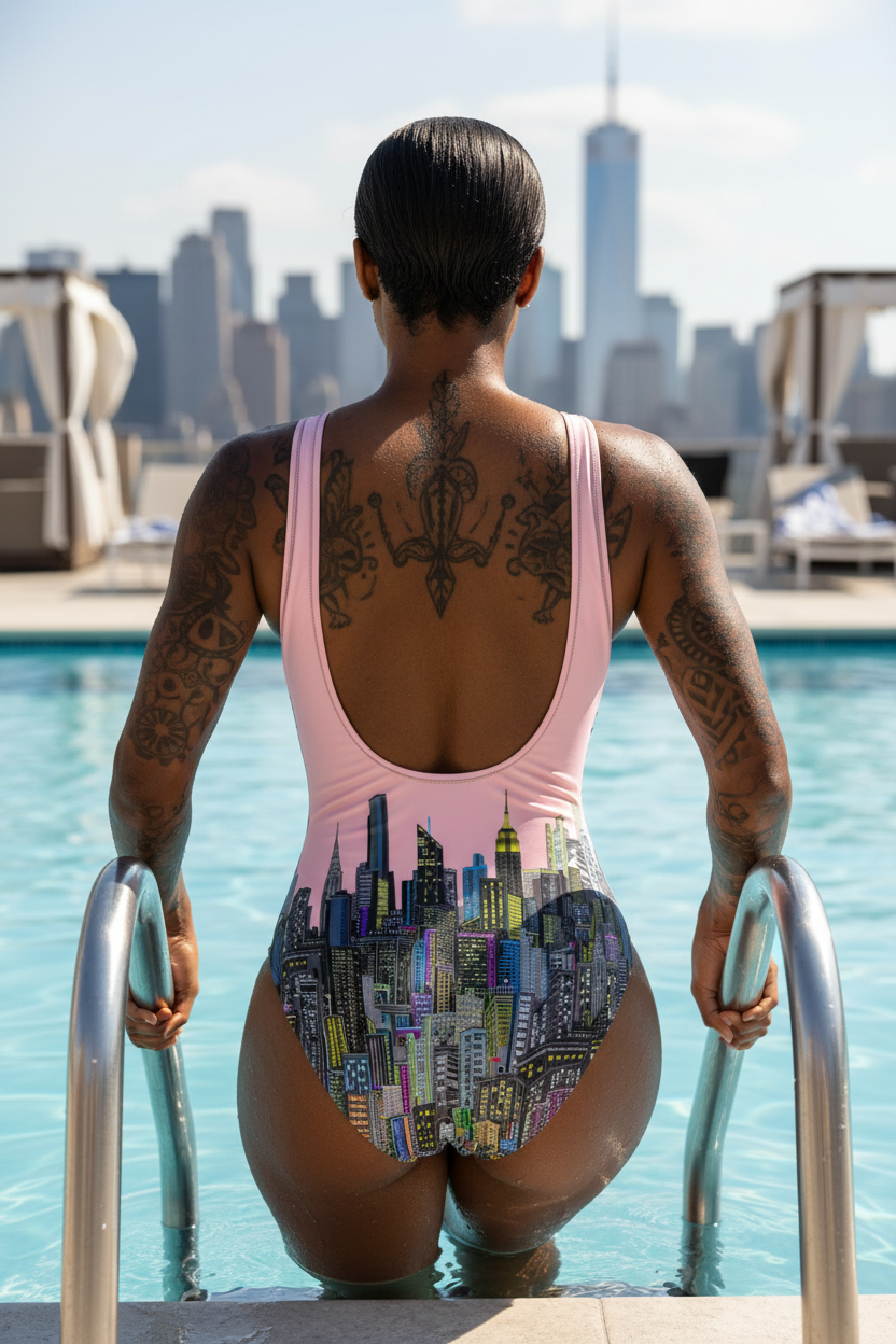 Person in a colorful swimsuit with a cityscape Loria NYC Art design, standing by a pool with a city skyline in the background.