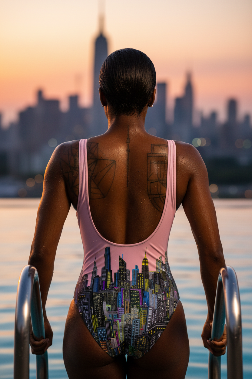 Person in a Loria NYC Art swimsuit with city skyline reflection, standing by water at sunset.