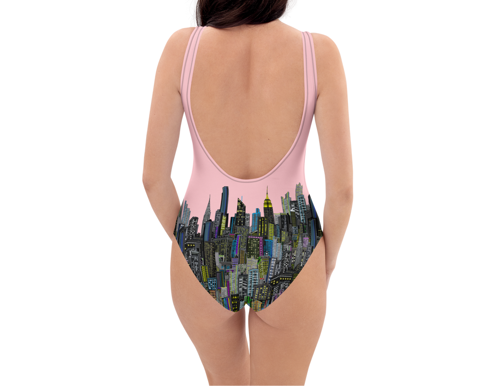 Rearview of a One-piece swimsuit with cityscape Loria NYC Art design on a white background