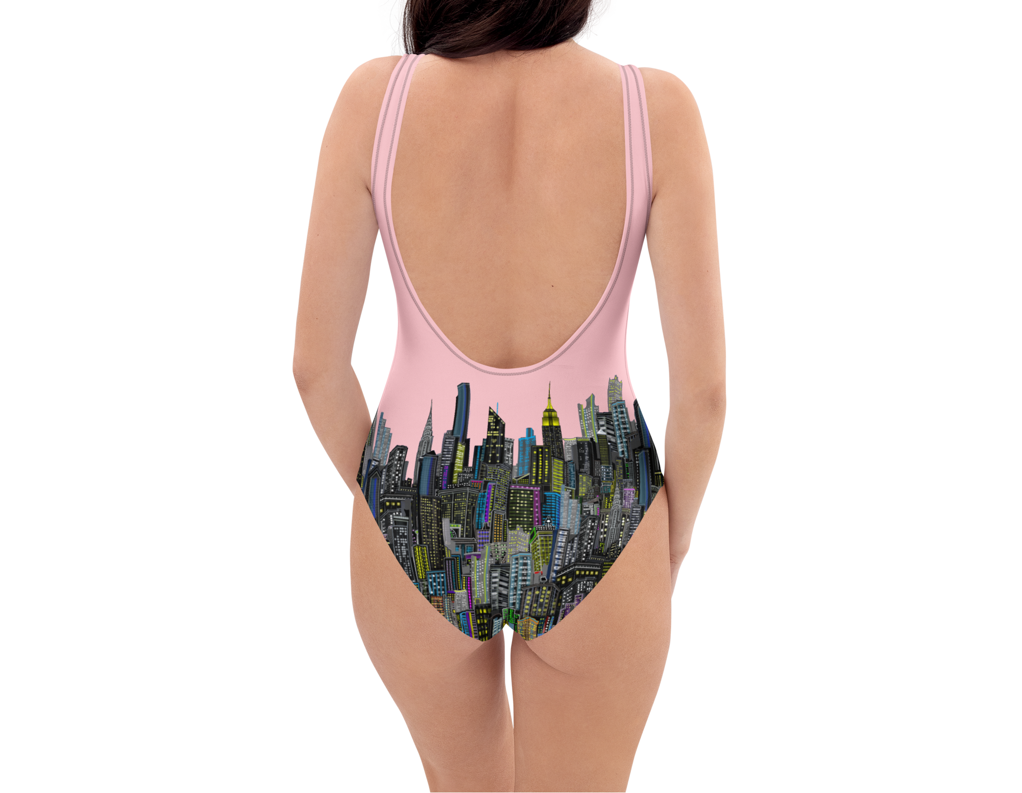 Rearview of a One-piece swimsuit with cityscape Loria NYC Art design on a white background