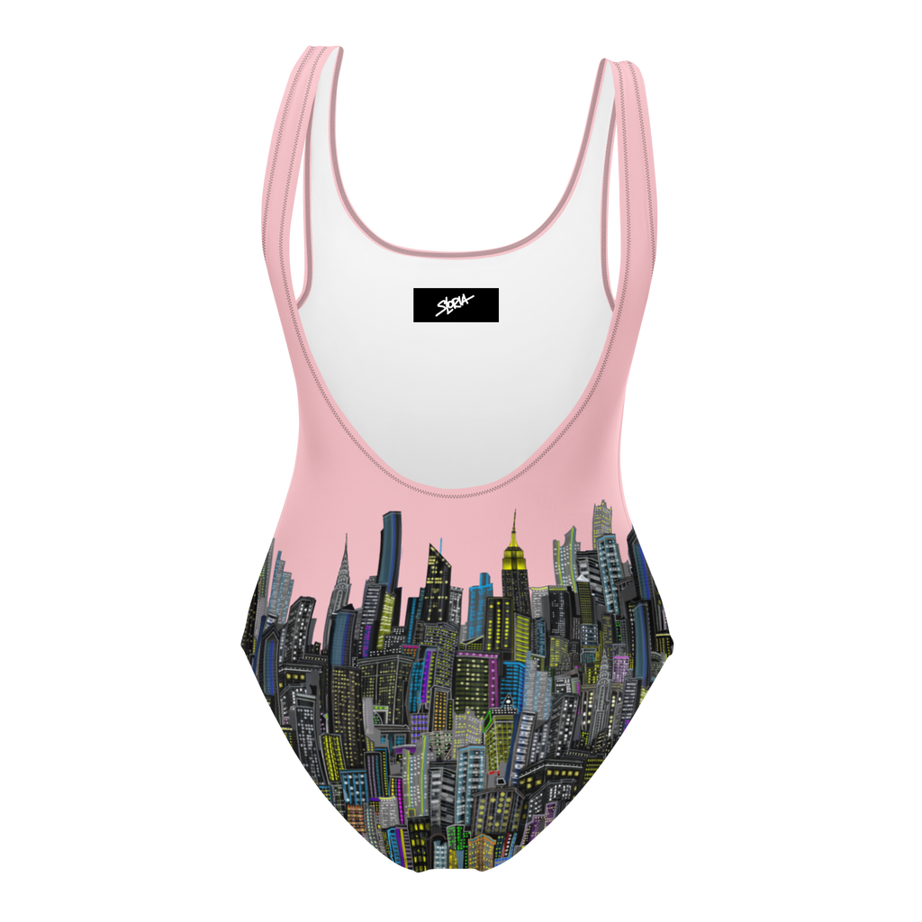 Swimsuit with Loria NYC Art cityscape design on a white background