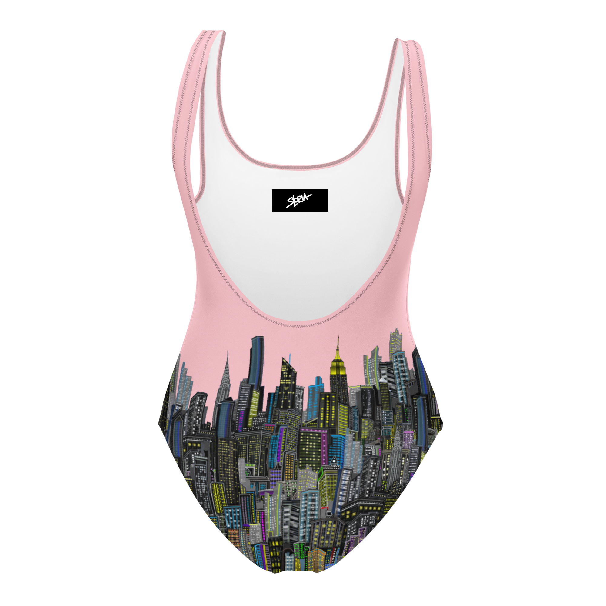 Swimsuit with Loria NYC Art cityscape design on a white background