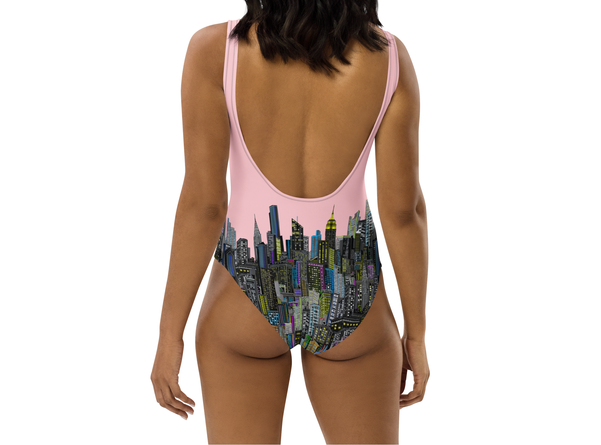 Rear view of a One-piece swimsuit with Loria NYC Art cityscape design on a white background