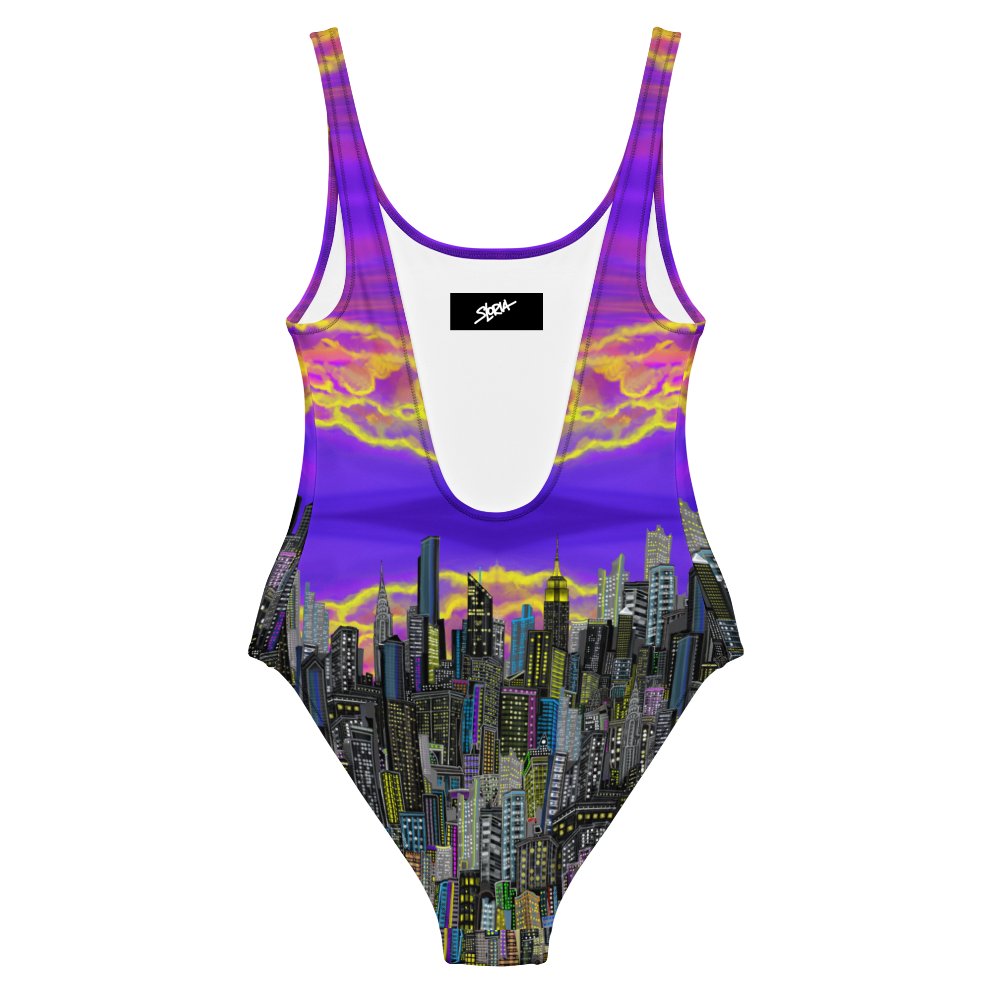 One-piece swimsuit with Loria NYC Art cityscape design and purple gradient on a white background