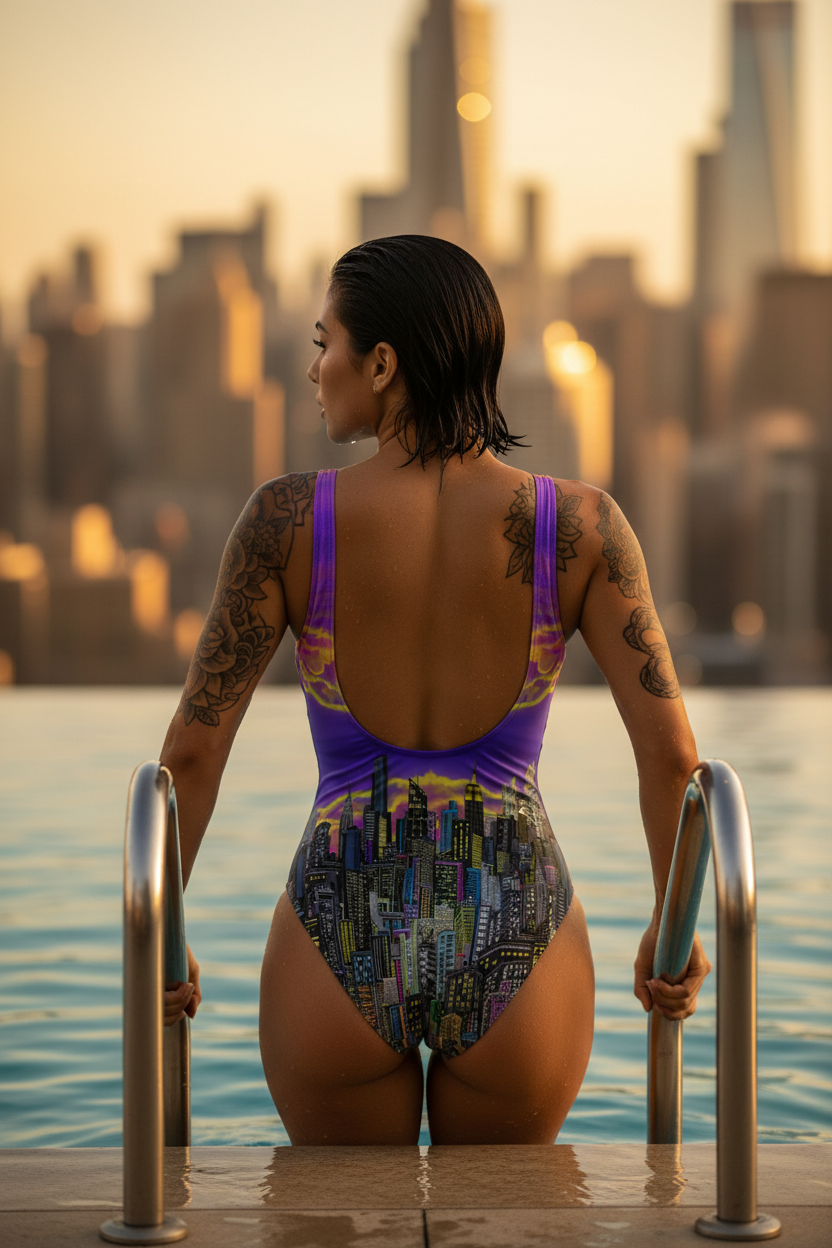 Woman in a colorful Loria NYC Art swimsuit standing by a pool with a city skyline in the background