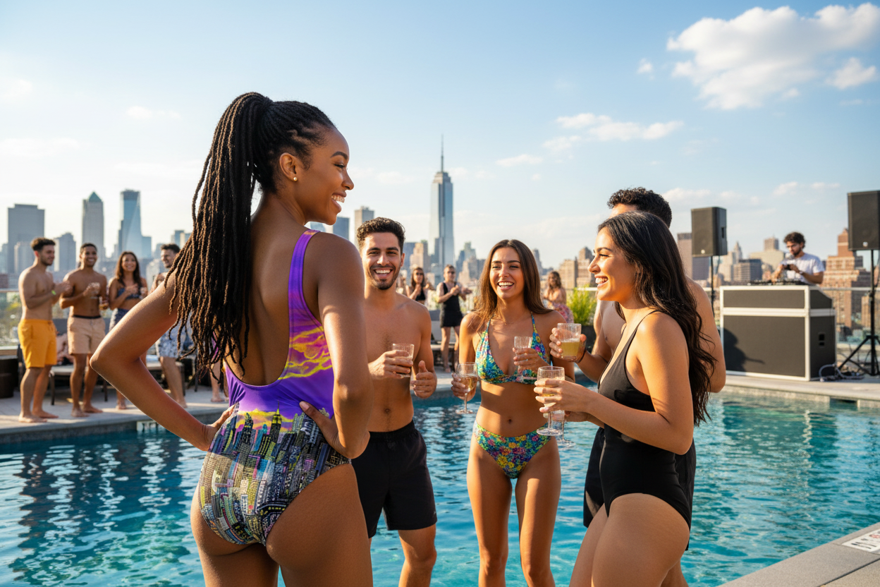 Woman with friends in a colorful Loria NYC Art swimsuit standing on a rooftop pool with the skyline in the background